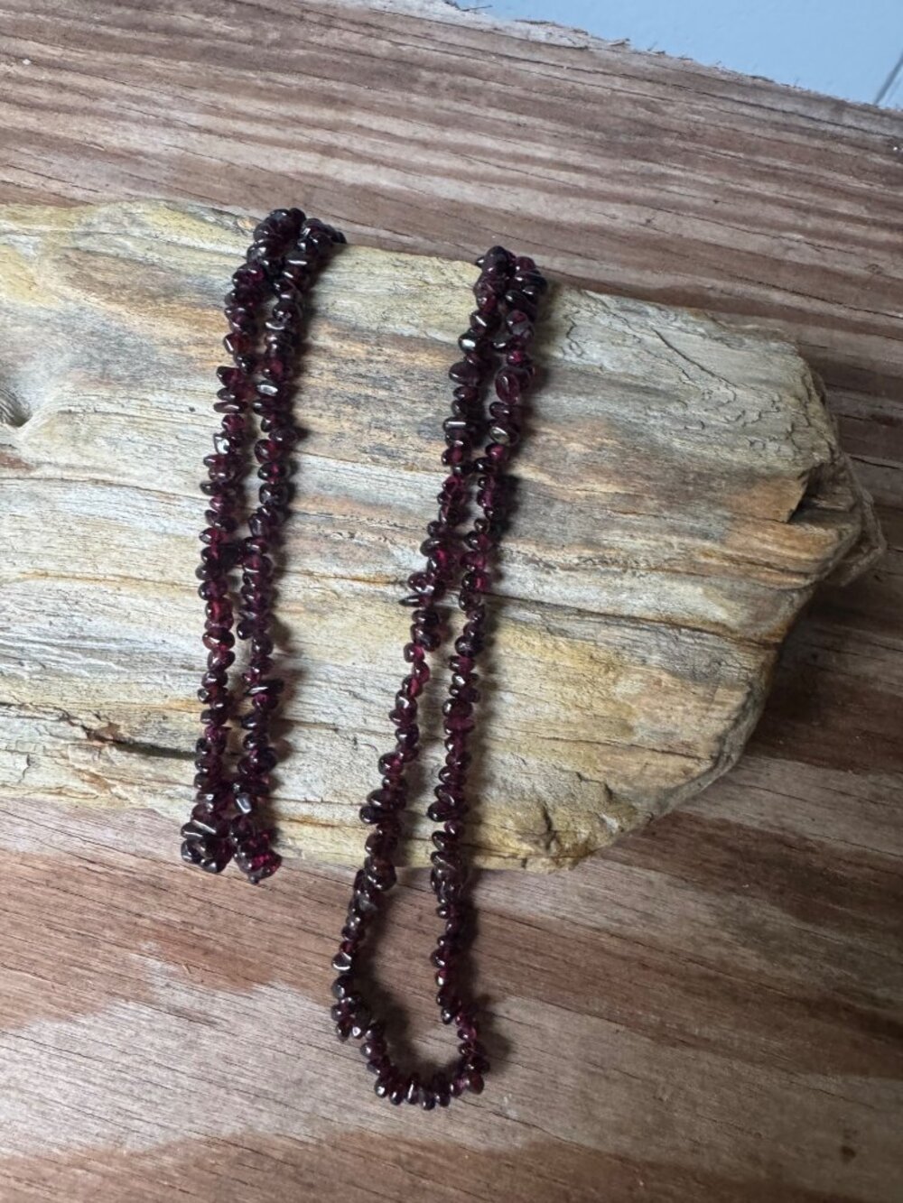 Vintage Garnet Chip Bead Necklace 25” Double Strand Dark Red Stone Boho Jewelry - Picture 4 of 5